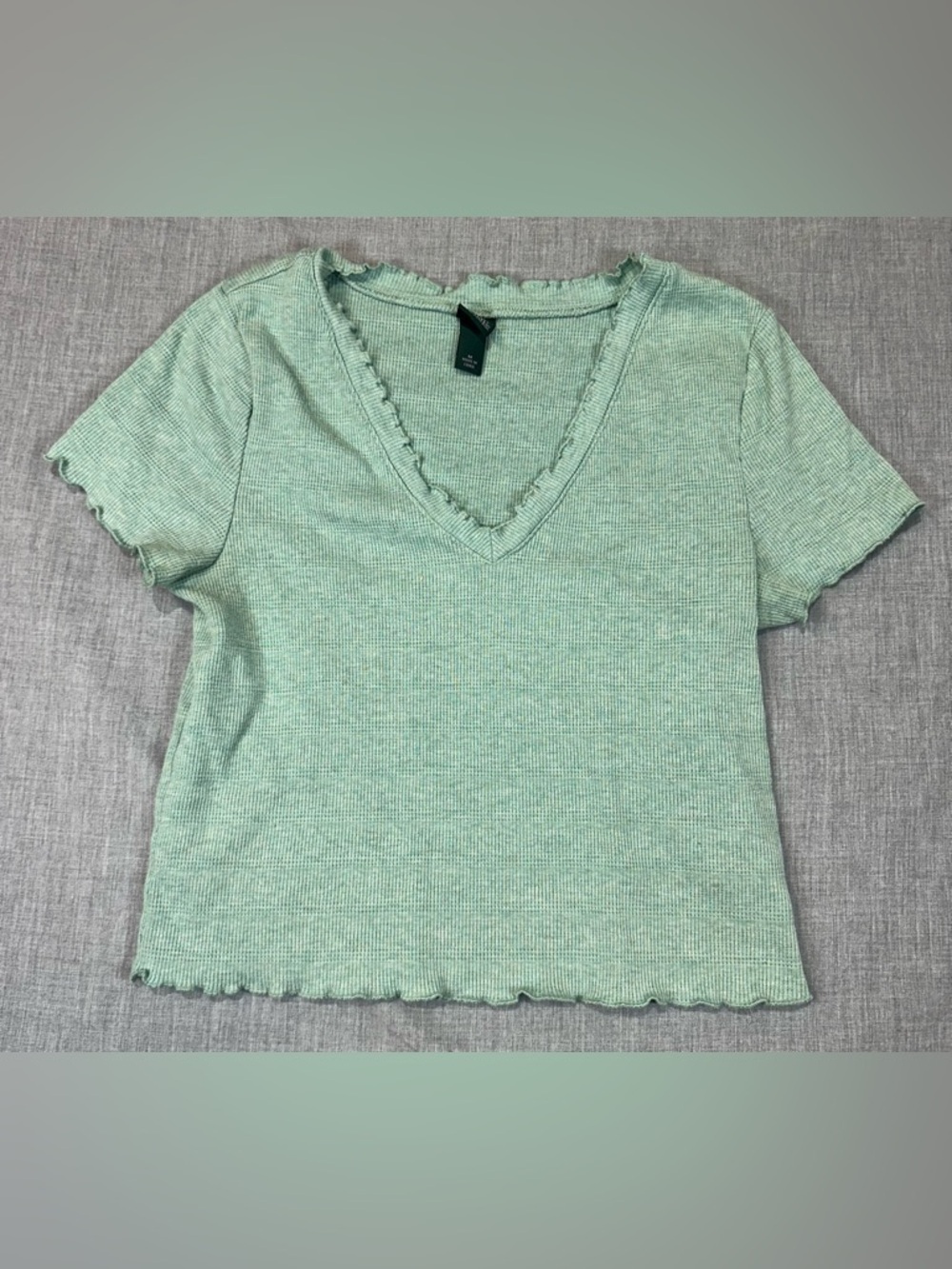 wild fable Mint Green Ribbed V-Neck Ruffle Trim crop Tee